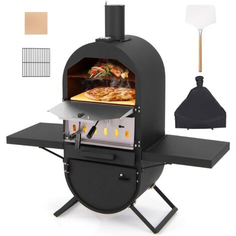 GOPLUS Four a Pizza à Bois, 31cm Pierre à Pizza, Pelle à Pizza, Grille de Cuisson, Thermomètre & Housse de Protection, Four à Pizza d'Extérieur avec 2 Étagères Latérales pour Camping, Fête [Classe éne