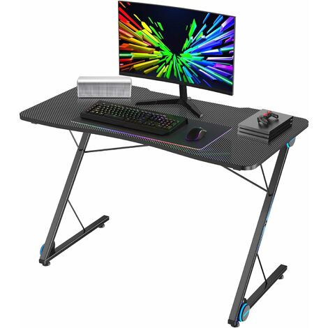 GOPLUS Gaming Tisch mit Z-Form, Computertisch mit Blauer LED Licht, Gaming Tisch,Ergonomischer PC- Schreibtisch für zu Hause/Büro, schwarz, Belastbarbis 60 kg, 60 cm x 110 cm x 78 cm