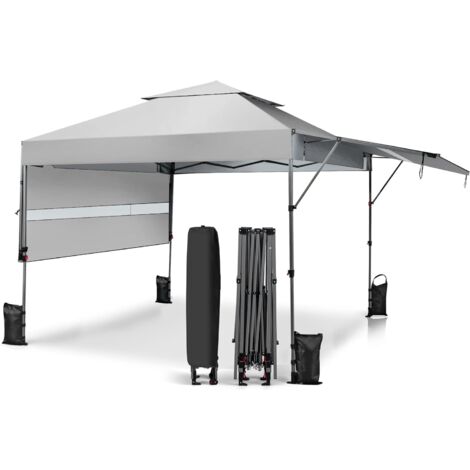 GOPLUS Gazebo Pieghevole da Giardino, 3x3 M, 3 Altezze Regolabili, Doppio Tetto e Parasole Esteso, Tendolone in Ferro con 2 Ruote, in Oxford Impermeabile, Ideale per Eventi all'Aperto per 6-8 Persone
