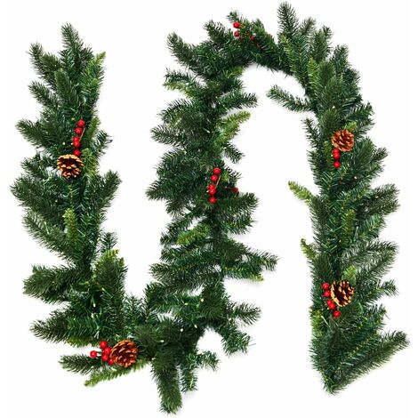 GOPLUS Ghirlanda di Natale 275 cm, ghirlanda decorativa illuminata con 100 luci LED pigne decorative e bacche rosse, con timer, ideale per interno ed esterno