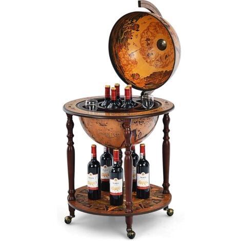 GOPLUS Globusbar mit Rollen, Minibar Massivholz, Weinhalter mit Weltkarte, 2 Ebenen Tischbar mit Bodenplatte, Servierwagen, Flaschenregel für Wein, Getraenke, Hausbar, Dekobar, Minibar