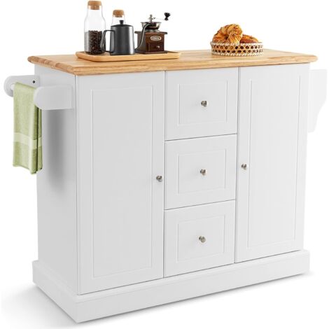 GOPLUS GOPLUS Carrello da Cucina a Rotelle, Isola da Cucina con Piano Lavoro in Gomma, Cassetti, Porta Asciugamani e Scaffale Portaspezie, Ideale per Soggiorno, Ristorante, 127 x 46 x 91,5cm (Bianco)