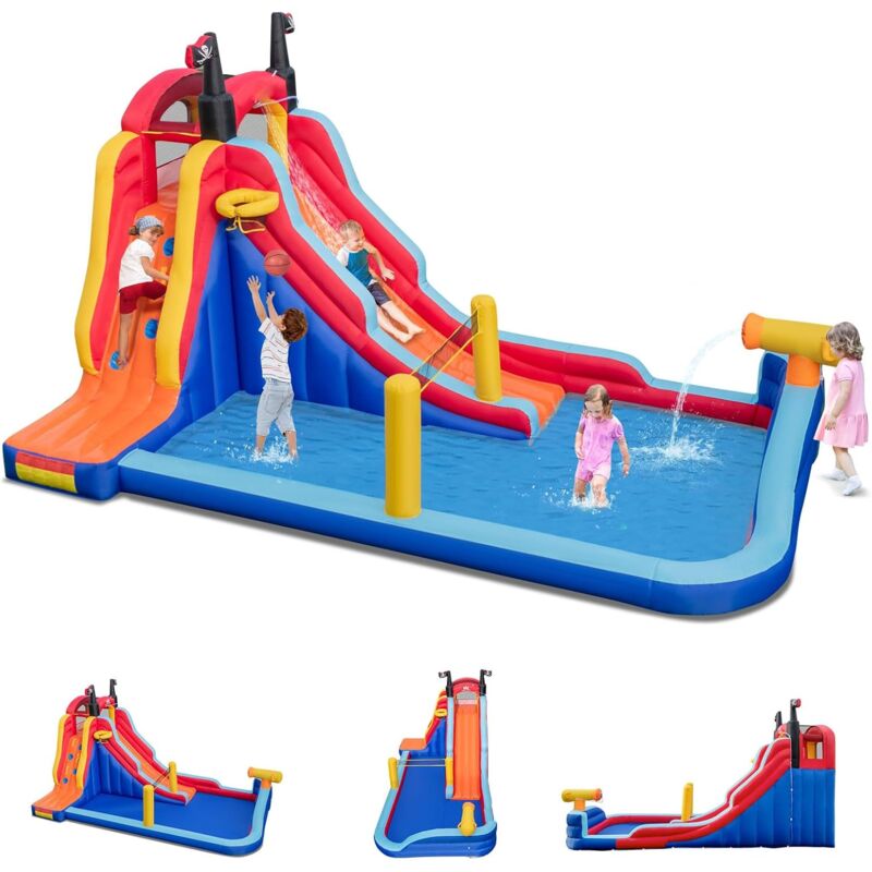Goplus - Grand Château Gonflable avec Toboggan, Panier de Basket, Murs d'Escalade et Piscine, Maison Gonflable avec Gamme Complète d'Accessoires,