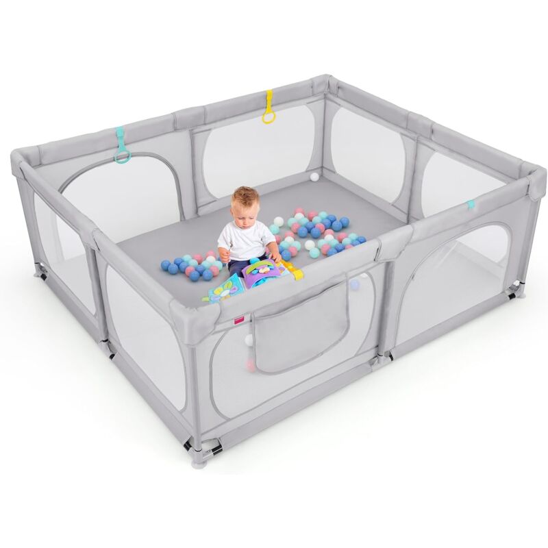 Goplus - Grand Parc Bébé 0-6 ans, Centre d'Activités Bébé de 189 x 158CM, Base Antidérapante, Paroi en Maille Respirante, Portes Zippées, 50 Balles