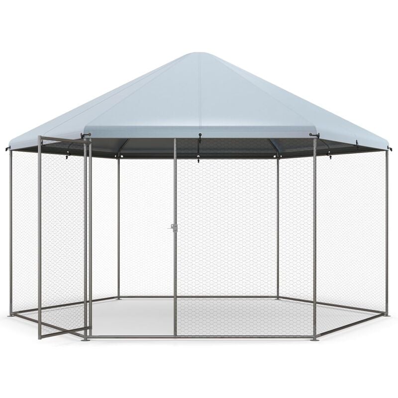 Grand Poulailler en Métal pour 8 à 15 Poulets, Enclos Hexagonal avec Porte Verrouillable et Housse étanche, Cage à volaille - Goplus