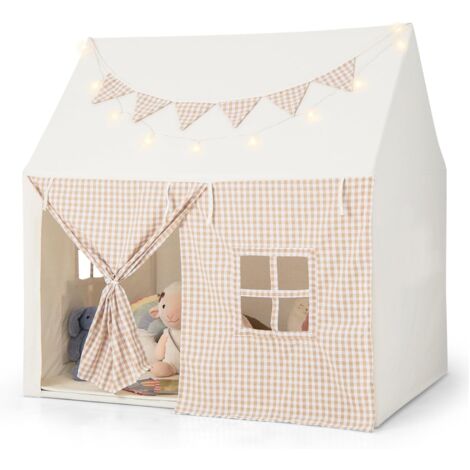 GOPLUS Grande Casa Tenda da Gioco, Tenda Casetta con Tappetino Imbottito, Luci a Stella e Bandierine, Tenda da Interna Esterna con Finestre, Porte e Tasche Portaoggetti, Regalo per Bambini 3-8 Anni