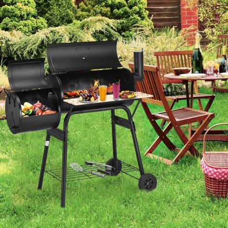 GOPLUS Griglia a Carbonella con Coperchio, Carrello per Barbecue su Ruote con 2 Griglie, Termometro e Ripiano per Griglia, per Picnic, Feste, Campeggio, Giardino e Pati, 115 x 65 x 108 cm