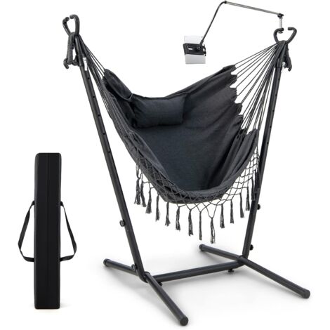 GOPLUS Hamac avec Cadre en Métal et Siège en Couton,Fauteuil Suspendu à Hauteur Réglable avec Support pour Téléphone Portable