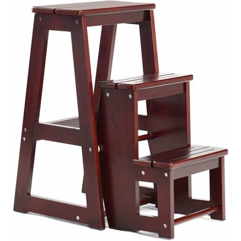 GOPLUS Hockerleiter aus Kiefernholz, Leiterstuhl 3 Stufen, Tritthocker Klappbar, Trittstuhl, Trittleiter Haushaltsleiter Holztreppen (Braun)
