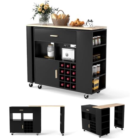 GOPLUS Îlot Central Cuisine avec Table Rotative, Desserte à roulettes Cuisine avec Armoire, Casier à Vin, Tiroir, Porte-épices, Rouletes Pivotant 360° Vérouillable, 120x40x100cm (Noir)