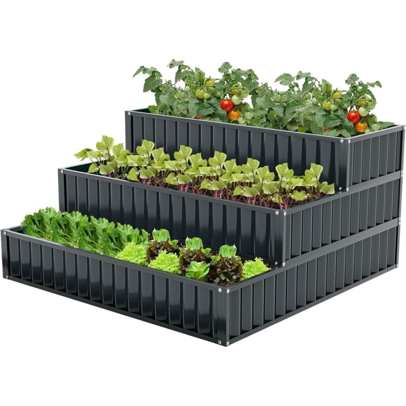 Goplus - Jardinière à 3 Niveaux en Escalier en Métal, Lit de Jardin Suréléve avec Base Ouverte pour Plantes à Racines Profondes, Légumes, Fleurs,
