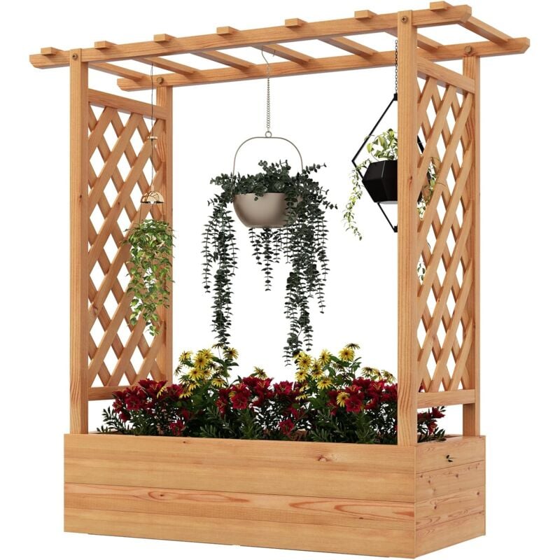 GOPLUS Jardinière avec Treillis 113 CM en Bois,avec Trou de Drainage pour Plantes Grimpantes, Fleurs,110 x 44 x 113,5 CM