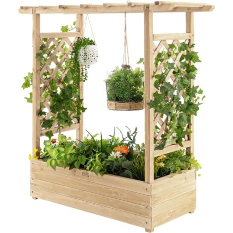 GOPLUS Jardinière avec Treillis en Bois, avec Trou de Drainage pour Plantes Grimpantes, Fleurs, Jardinière pour Cour, Jardin, Balcon, 110 x 44 x 113,5CM (Naturel)