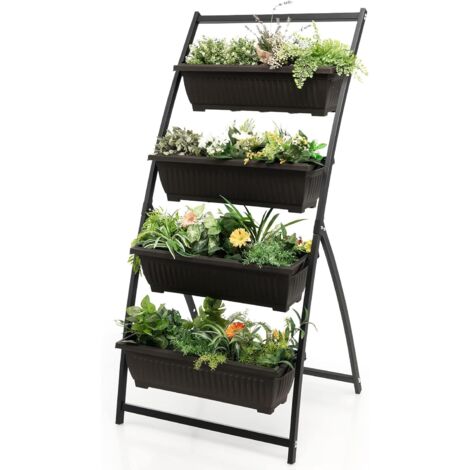 GOPLUS Jardiniere Balcon avec Roulette Verticale avec 4 Pot de Fleur Plastique, Potager Surélevé Autoportant pour Légume et Fleur, Lit de Jardin Surélevé pour Terrasse, Balcon (Noir,76 x 71 x 160 CM)