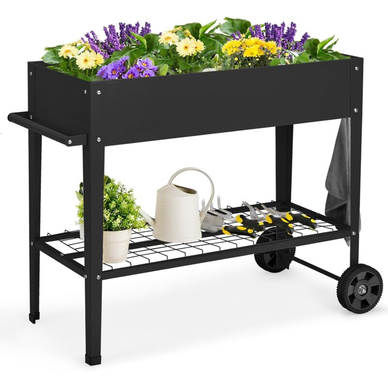 GOPLUS Jardinière Surélevé sur roulettes avec Étagère et 2 Crochets pour Outils de Jardinage, Lit de Jardin en Métal pour Légume, Herbe, Carré