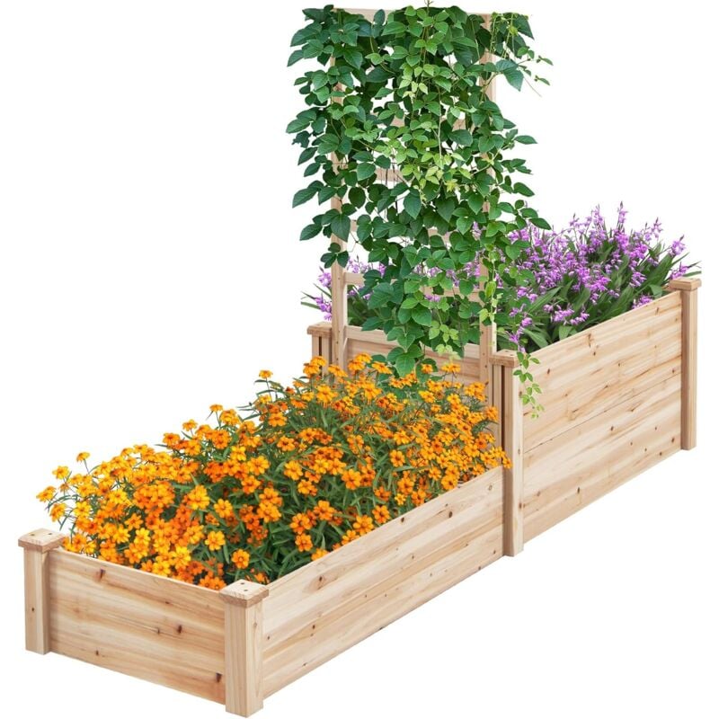 Jardinière Surélevée avec Treillis, Bac à Fleurs Extérieur en Bois avec Compartiments Divisés pour Fleurs, Vignes Grimpantes - Goplus