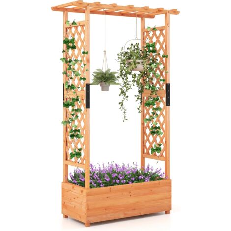 GOPLUS Jardinière Surélevée avec Treillis, Lit de Jardin en Bois avec Toit Suspendu, Trous de Drainage, 110x44x182cm