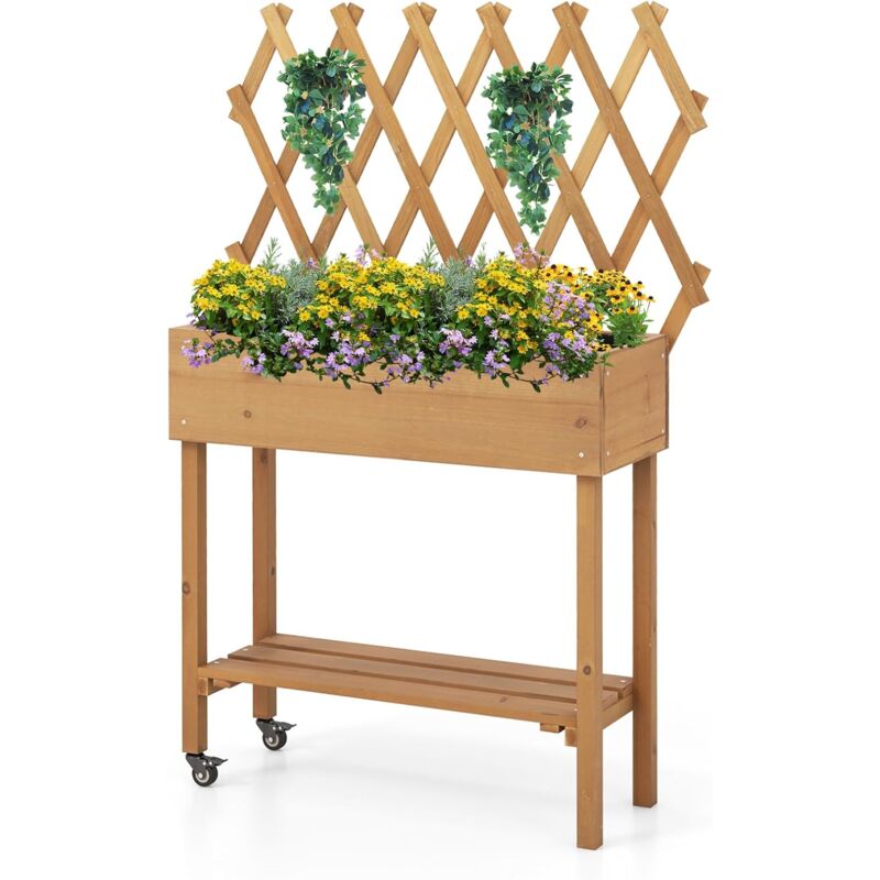 GOPLUS Jardinière Surélevée en Bois avec Treillis à Roulettes, Étagère Inférieure pour Fleurs, Légumes, Herbes, 90x29x129cm