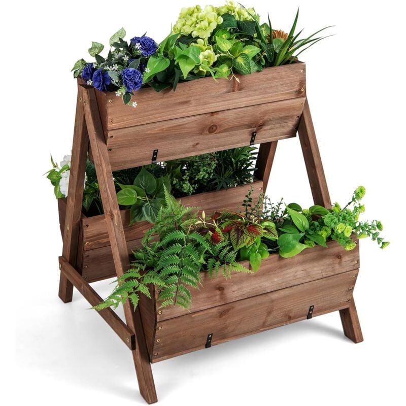Jardinière Verticale avec 3 Bacs à Plantes, Jardinière Surélévée en Sapin avec 2 Trous de Drainage, Structure Forme a - Goplus