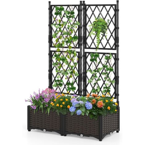 GOPLUS Jardinieres Exterieur avec Treillis Surélevée, 2 Bac à Plantes Auto-arrosant avec Trous de Drainage pour Plantes Grimpantes, Jardiniere sur Pieds avec Support Haut pour Fleurs et Légumes