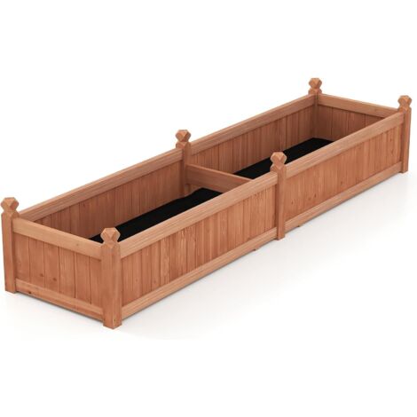 GOPLUS Jardinieres Exterieur Carré en Bois de Sapin avec 2 Compartiments, 227 x 59,5 x 40 CM, Jardiniere Balcon avec Fond Amovible, Couche en Tissu et 8 Trous de Drainage, pour Fleur, Légume (Café)