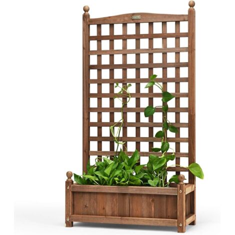 GOPLUS Jardinieres Exterieur Élevée avec Treillis, Jardiniere Balcon en Bois de Sapin avec Treillage, Trous de Drainage, Pot de Culture Indépendant pour Plante Grimpant, Fleur, Patio, Terrasse