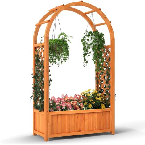 GOPLUS Jardinieres Exterieur en Bois Sapin, Jardiniere Treillis Surélevée en Arc avec Doublure et Système de Drainage, Panneau Amovible pour Vigne Rampante Fleur Légume, Idéal pour Intérieur Extérieur