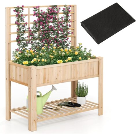 GOPLUS Jardinieres Exterieur en Design Surélevé avec Treillis, 4 Trous de Drainage et Doublure Amovible, Jardiniere sur Pied en Bois avec Étagère Inférieure à Lattes pour Garder Les Outils (Naturel)