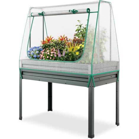 GOPLUS Jardinieres Exterieur Surélevé avec Mini Serre et Treillis, Carre Potager avec Fenêtre Enroulable, Trous de Drainage, Kit de Jardinière en Métal Galvanisé, pour Légumes, Fleurs, Herbes