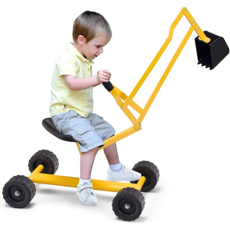 Goplus - Voiture Jouet Pelle Sable pour Enfant 4 à 12 Ans-Siège Pivotant à 360 Degrés-2 Bras et 4 Roues Antidérapantes Jaune