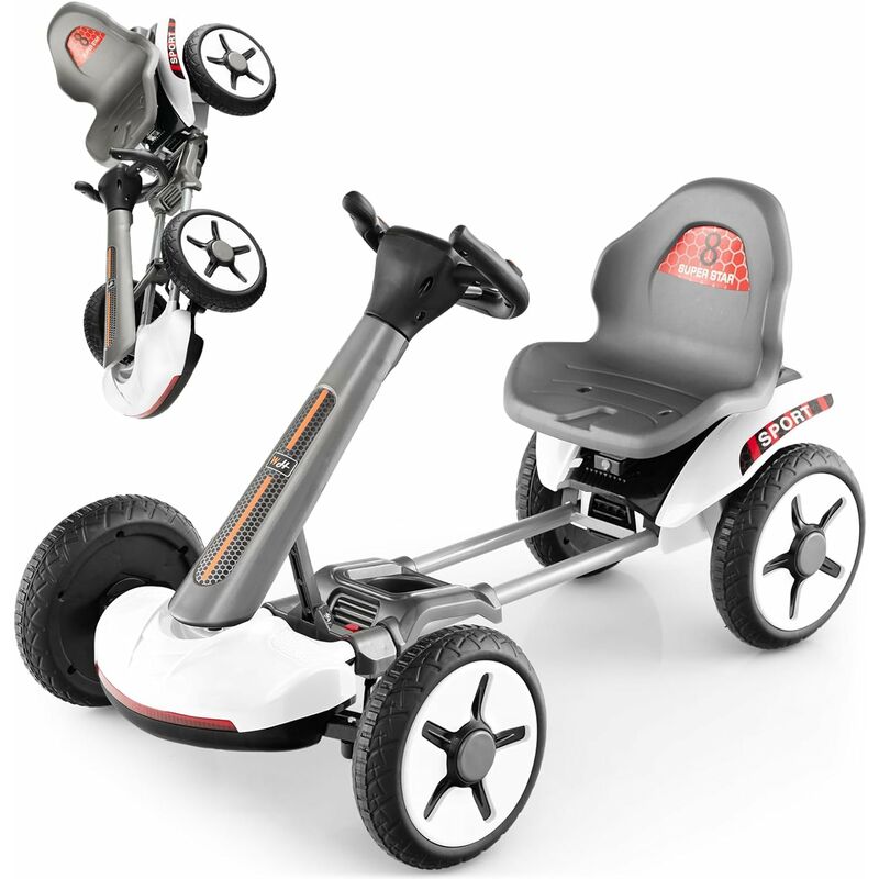 Goplus - Kart électrique à Pédales pour Enfants 12V, Jouet de Voiture avec Volant et Siège Réglables, Lumières led Clignotantes, Voiture à Pédales,