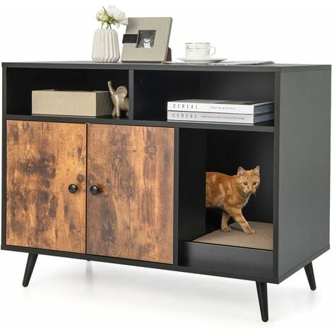GOPLUS Katzenschrank aus Holz, Katzentoilette mit Doppeltüren, 2 Fächern & Kratzpad, Katzenklo Schrank für Innenkatzen, Hunde Haustier, 90 x 50 x 70 cm, Braun+Schwarz