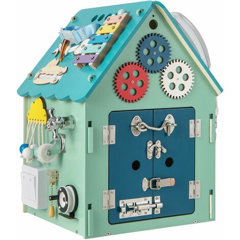 GOPLUS Kinder Spielhaus aus Holz, pädagogisches Kinderspielhaus mit 33 Komponenten, Montessori Spielzeug mit Stauraum für Kinder ab 3 Jahren, für Lebenskompetenzen und feinmotorisches Lernen (Blau)