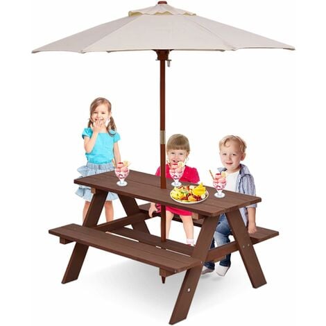 GOPLUS Kindermöbel, aus Tannenholz, Picknicktisch mit Bank für Kinder, mit Sonnenschirm, Kindersitzgruppe für 4 Kleinkinder, Geeignet für drinnen & draußen, Garten, Balkon, Strand