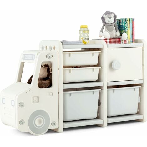 GOPLUS Kinderregal in Autoform, Multifunktionales Spielzeugregal mit 4 Boxen & 1 Schrank, Aufbewahrungsregal aus HDPE mit Großem Stauraum, Spielzeug-Organizer für Kinderzimmer & Schlafzimmer, Beige