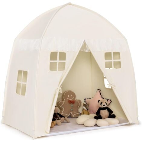 GOPLUS Kinderzelt, großes Spielzelt 143x100x155cm, mit Tragetasche, Anti-Rutsch-Matte, Reißverschlusstür, atmungsaktive Fenster, Spielhaus für drinnen & draußen für 2-3 Kinder (Beige)