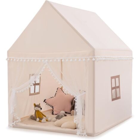 GOPLUS Kinderzelt mit waschbarer Matte, Spielzelt für Maedchen & Jungen, Indoor & Outdoor,Konstruktion aus Massivholz, grosser Raum, Geschenk für Kinder zum Geburtstag, Weihnachten (Beige)