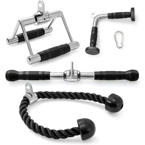 GOPLUS Kit de 4 Accessoires de Machine à Câble de Musculation, Corde Triceps, Poignée Double ‘D’, Poignée ‘V’, Barre Rotative Droite