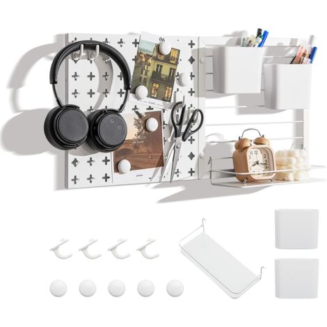 GOPLUS Kit d'Organisation Murale Combinée de Panneaux Perforés-2 Panneaux Perforés/Aimants/Crochets/Étagères/Récipients Blanc