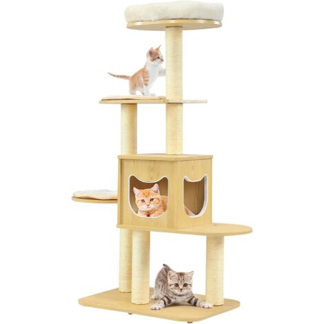GOPLUS Kratzbaum 135cm hoch, Kletterbaum mit 4 Plattformen, Kratzbaum mit grossen Hoehle, Spielbaum für Katzen, Katzenmoebel, Katzenstaemme, 135x68x48cm, Natur