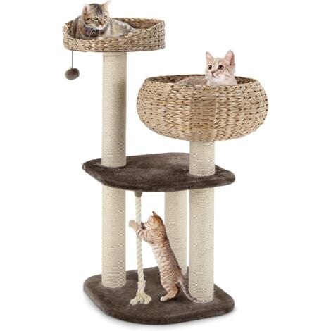 GOPLUS Kratzbaum, Katzenbaum mit Sisal-Saeulen, Haengender Ball und eine Schlinge, geraeumige Aussichtsplattform, Katzennest aus Stroh, Stabile Struktur, Kratzbrett Kletterbaum für Mehrere Katzen