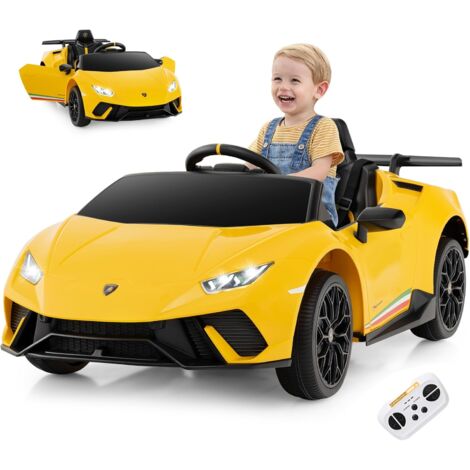 GOPLUS Lamborghini 12V Voiture Electrique Enfants 1 Places, Vehicules Electrique Enfants pour 3 Ans+, 3 Vitesses 3-5 km/h, Son, Télécommande, Musique, Klaxon, USB, Charge 30KG (Jaune)
