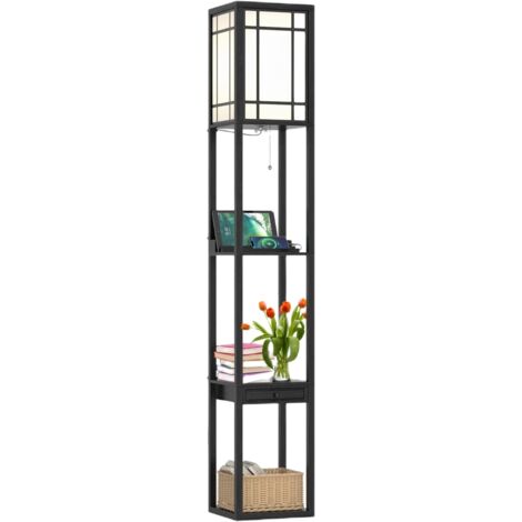 GOPLUS Lampada da Terra a Mensola, con 3 Ripiani, Porte di Ricarica USB e 1 Cassetto, per Soggiorno, Camera da Letto, Design Vintage e Moderno, Nero (Stile 1)