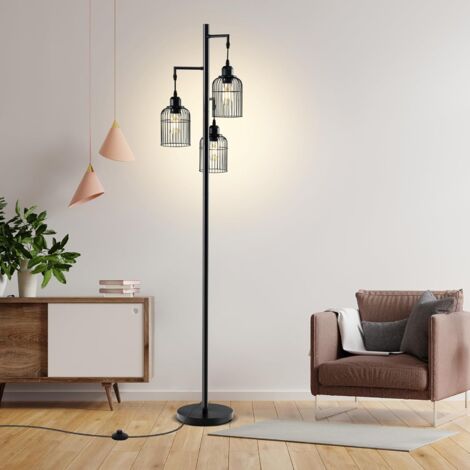 GOPLUS Lampada da Terra Stile Rustico, Lampada Alta con 3 Teste a Gabbia Eleganti, Interruttore a Pedale, Base Pesante, Lampada ad Albero in Metallo per Ufficio, Camera da Letto, Soggiorno, Nero [Clas