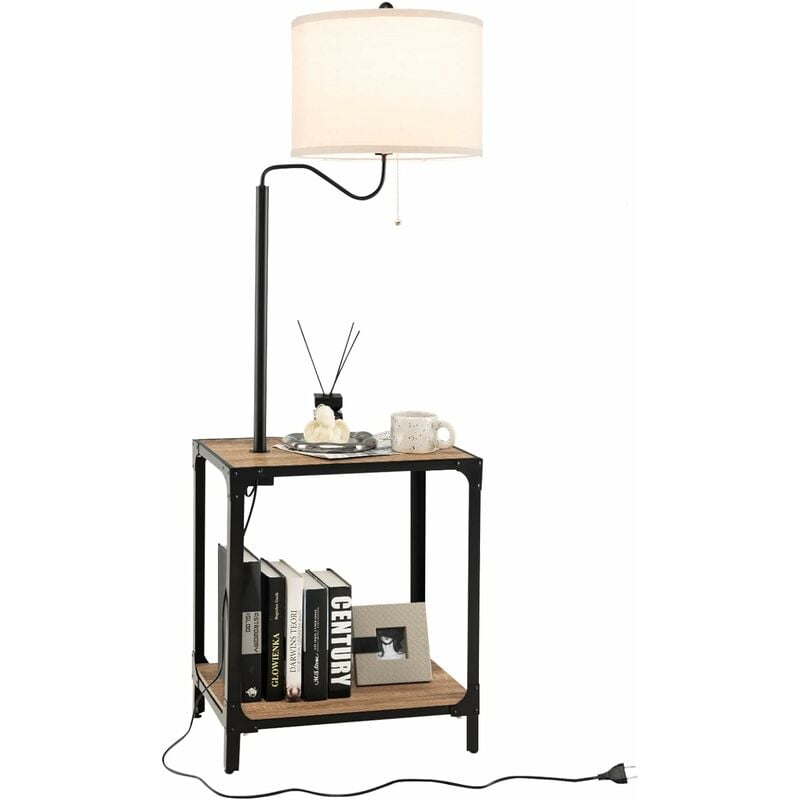 Goplus - Lampadaire d'étagère avec Bras rotatif à 360°, Lampe de Salon sur Pied avec Abat-jour en Lin, Lampadaire avec Table, Ports de Charge usb,