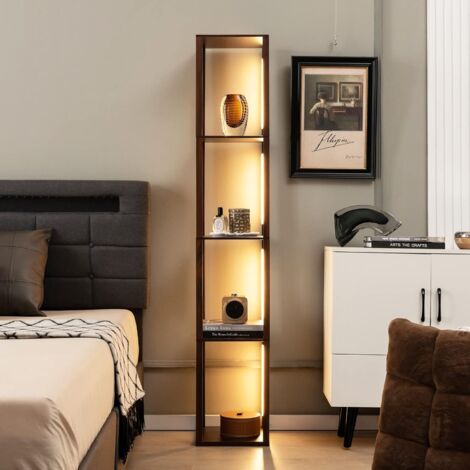 GOPLUS Lampadaire Étagères 4 Niveaux, Lampadaire de Salon sur Pied avec 3 Luminosités Réglable & Poteaux LED Rotatifs, Style Moderne, pour Bureaux, Salons, Chambres, 29 x 29 x 164 CM, Noir (Noyer)