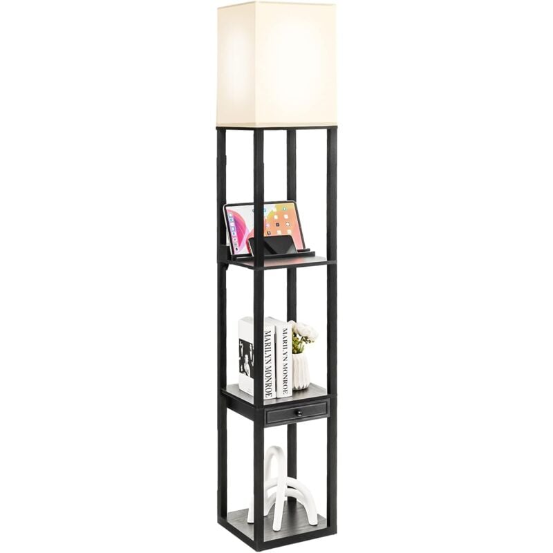 Lampadaire Salon avec 3 Étagères et Tiroir, Lampadaire Autoportant Moderne avec Luminosité Réglable et 1 Port usb pour Salon, Chambre, Bureau - Goplus