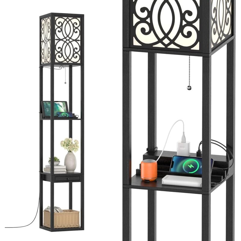 Lampadaire sur Pied à 3 Niveaux, Lampe à Poser Rectangulaire avec Douilles E27, étagères Ouvertes et Petit Tiroir de Rangement, Convient pour Salon,
