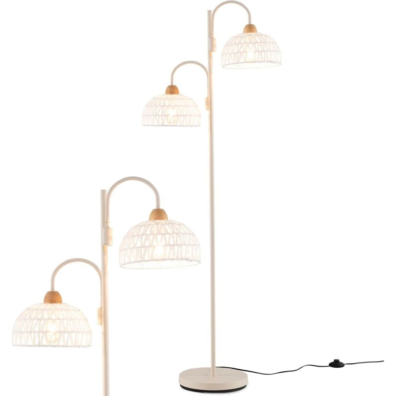 Lampadaire sur Pied Salon 155cm, 2 Abat-Jour Tissés en Corde de Chanvre, Lampadaire en Métal Rotative à 350° avec Interrupteur au Pied, pour Chambre,