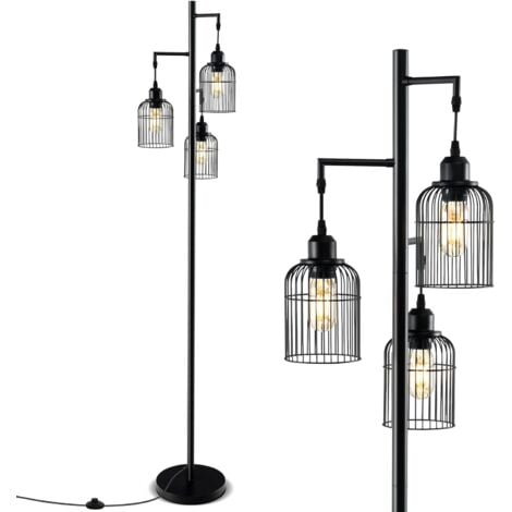 GOPLUS Lampadaire sur Pied Vintage, Cage Métallique, Interrupteur au Sol, Lampadaire Salon en Forme d'Arbre en Métal pour Bureau, Chambre, Salle à Manger, 25x169cm, Noir [Classe énergétique A]